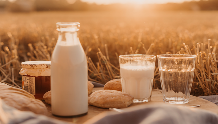 Jarra de leite ao lado de dois copos sobre a mesa, ao fundo gramado de uma fazenda. Leite de vaca é um dos alimentos mais nutritivos e ricos em proteínas. 